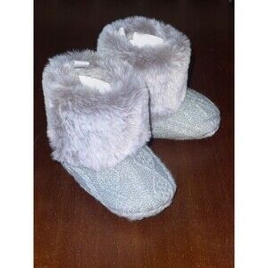 Gray Knitted Baby Booties With Faux Fur, 3-6 Months, Crochet, Warm, Formal, Step